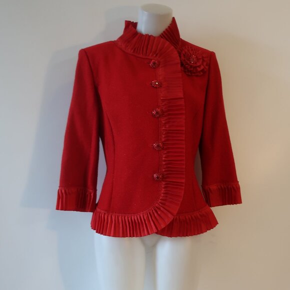 St. John Red Blazer with Pleated Trim Sz 12 - Picture 2 of 10